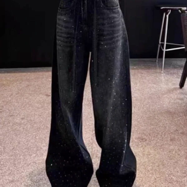 b2055韩版牛仔裤新款秋季百搭时尚设计感高腰宽松满天星阔腿裤