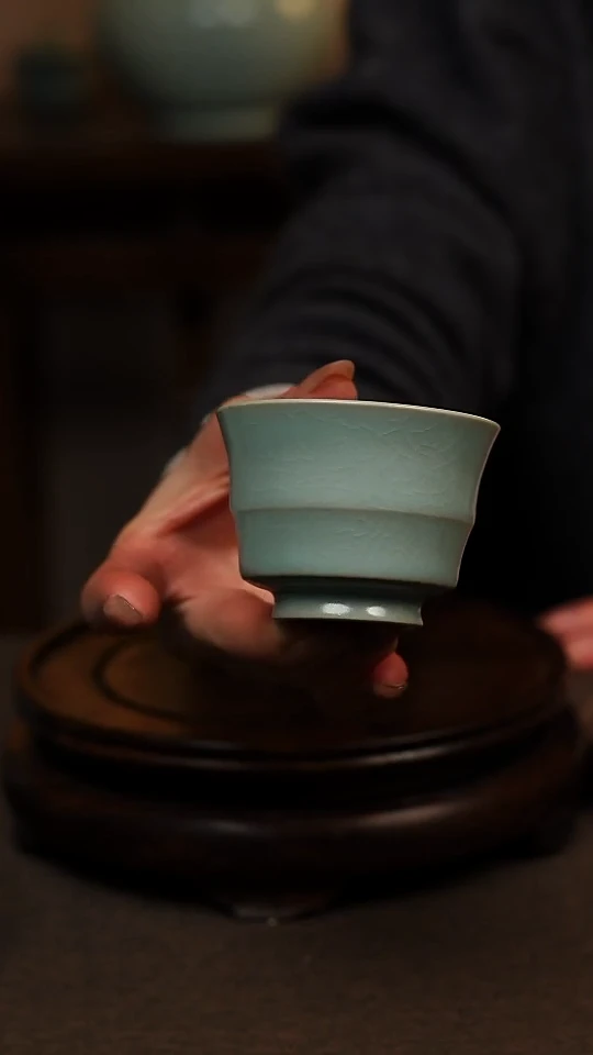 瓷片仿古天青全手工敞口竹节杯80ml 微瑕 不带礼盒