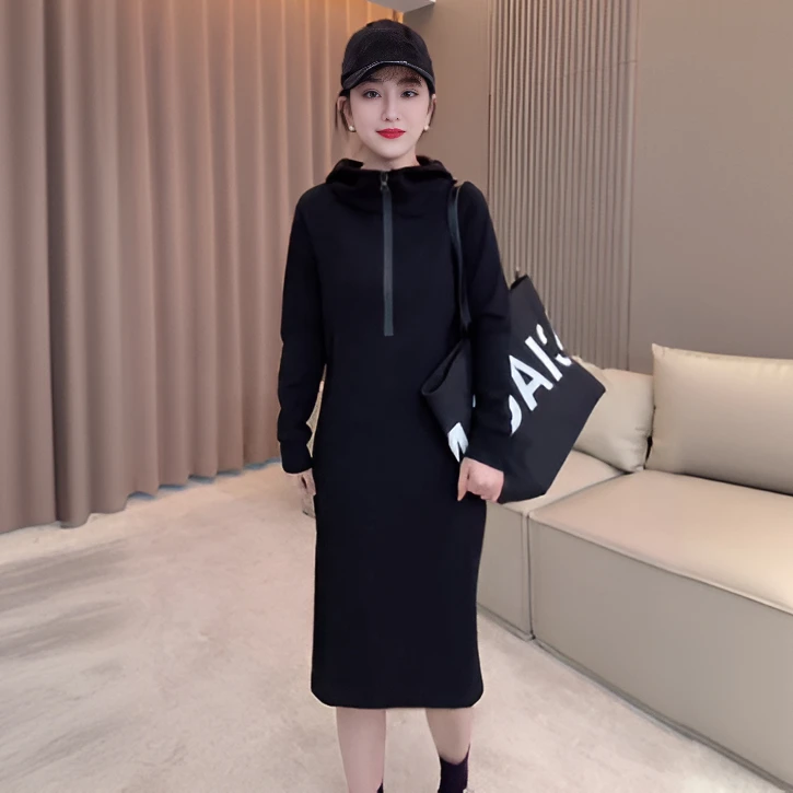 连帽春秋连衣裙2025秋季宽松不褪色长袖过膝A字裙中长款连衣裙