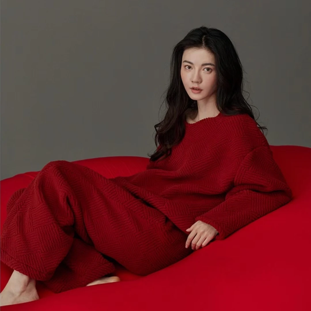 【新年鸿运】外穿家居服长袖睡衣女冬季保暖睡裤红色本命年3件套