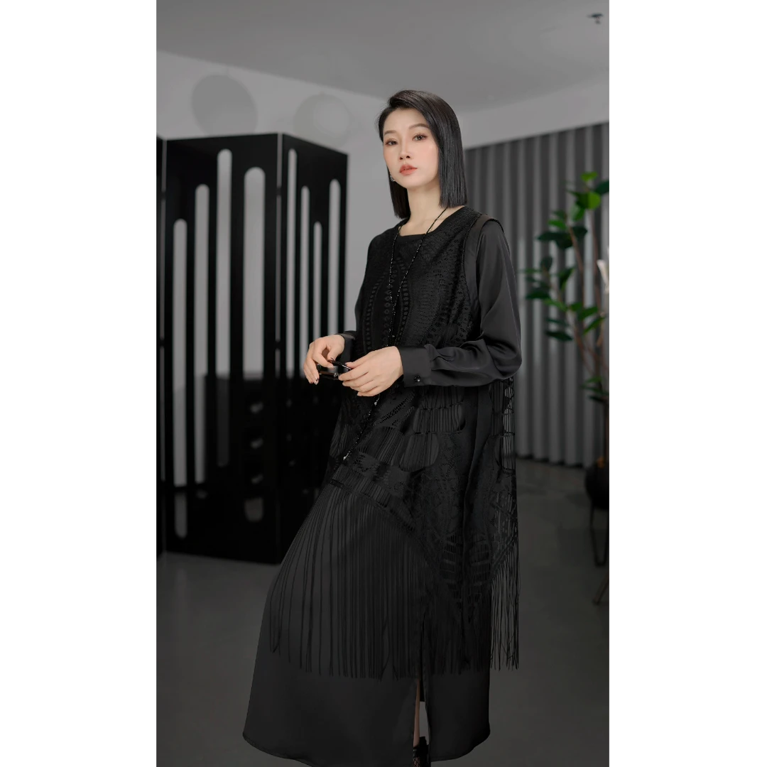 鑫鑫2025秋季新款假两件拼接镂空流苏中长款气质时尚连衣裙1578