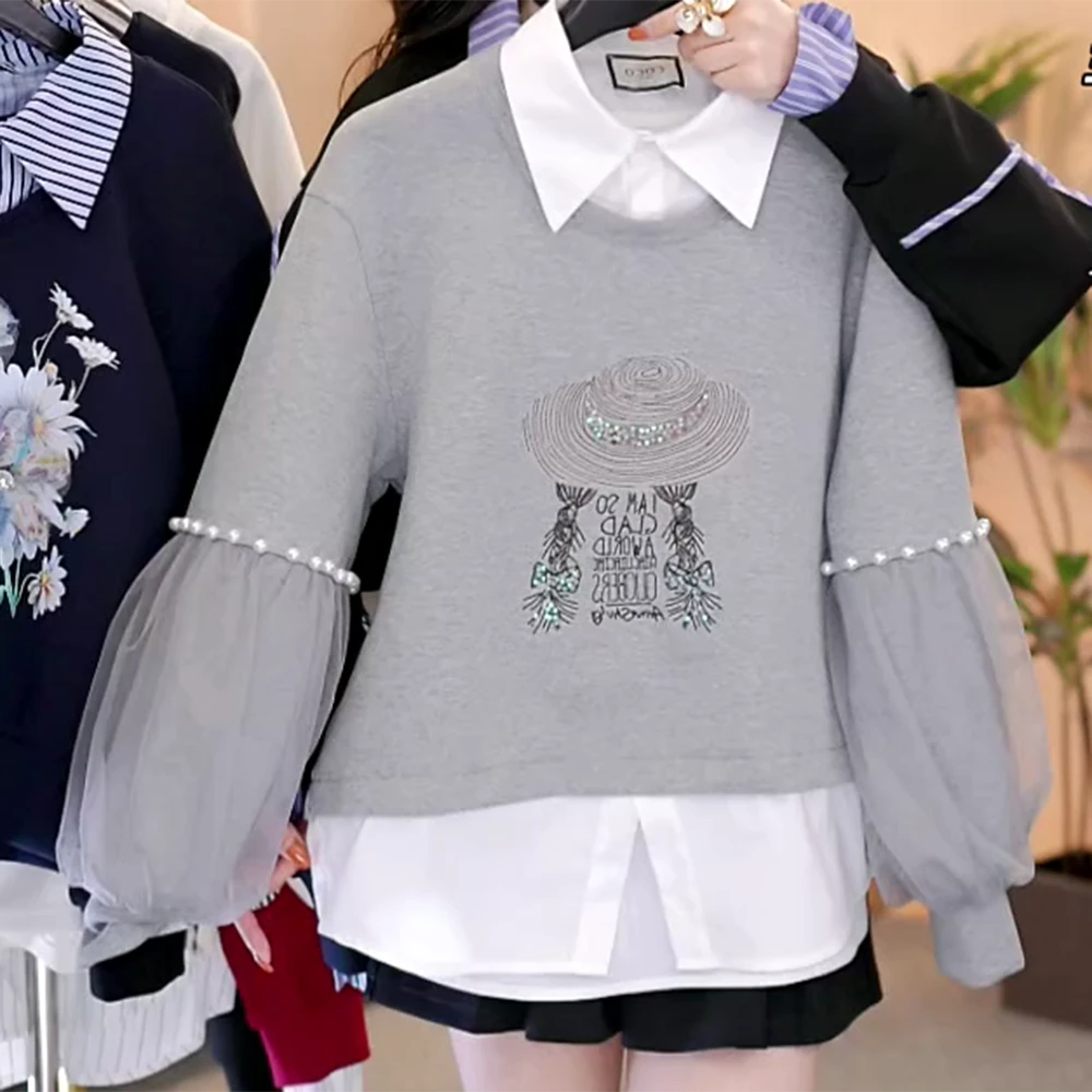 新款设计师高级感气质女拼钉珠时尚气质显瘦减龄长袖卫衣C6408