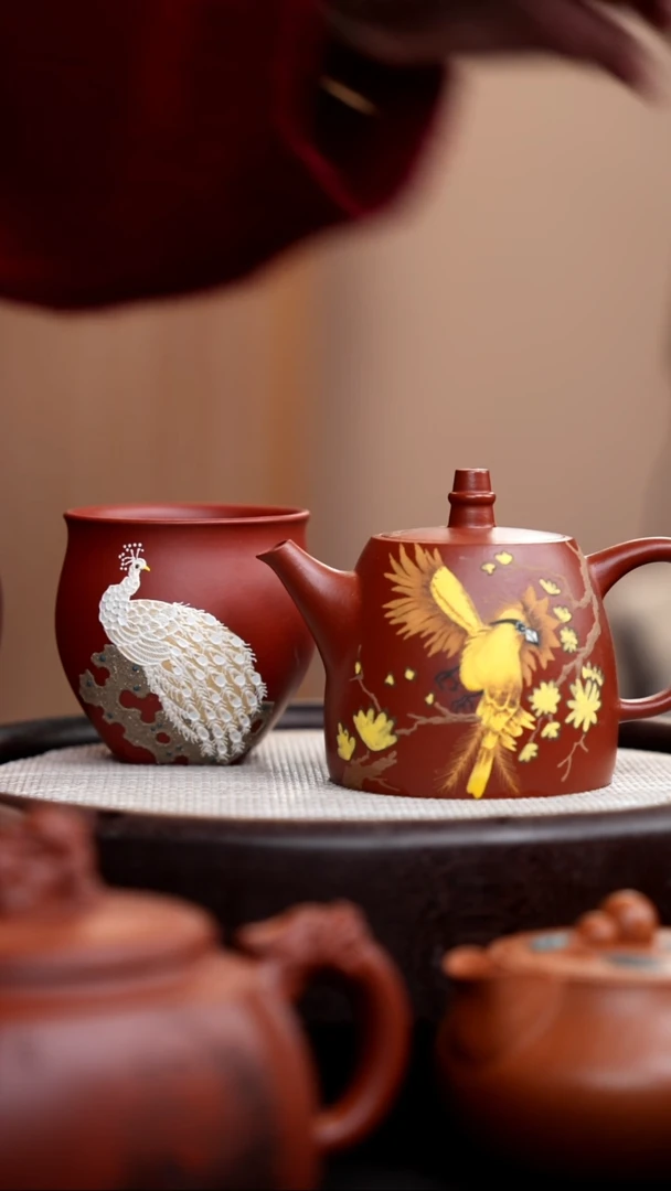【闪购商品】紫砂茶壶朱泥汉铎泥绘金鸟+杯012  预售