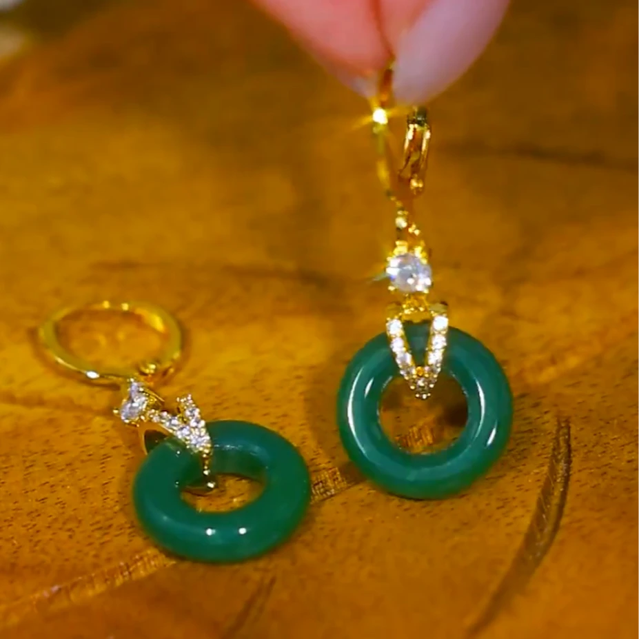 【双生恋】 [绿色平安扣]国风新品时尚绿色圆形气质耳环