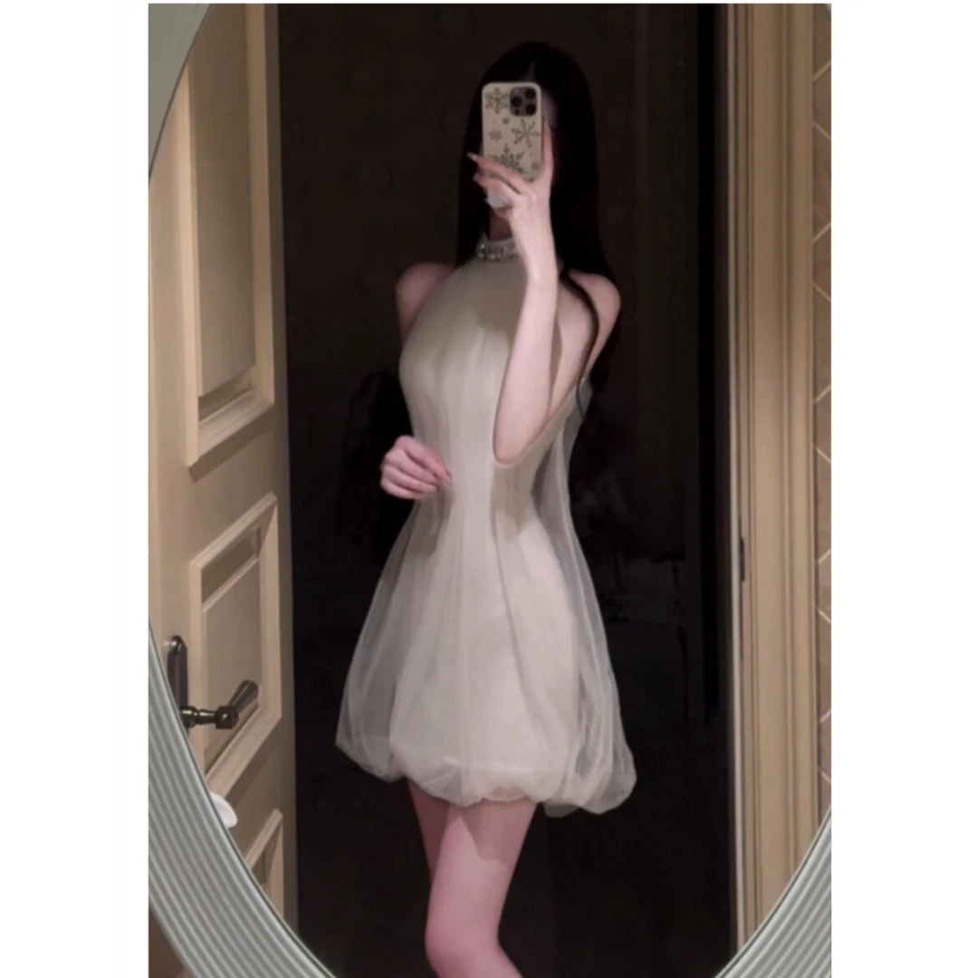 2025春季新款法式气质镶钻网纱无袖挂脖露肩收腰蓬蓬连衣裙礼服女