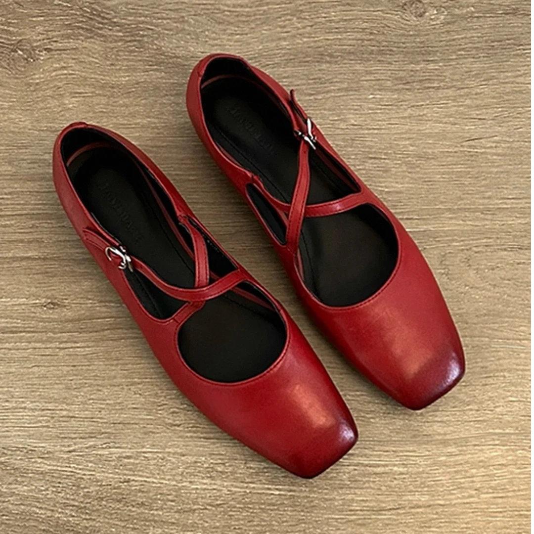 羊皮款~法式复古单鞋女平底红鞋子浅口芭蕾晚晚鞋交叉带玛丽珍鞋