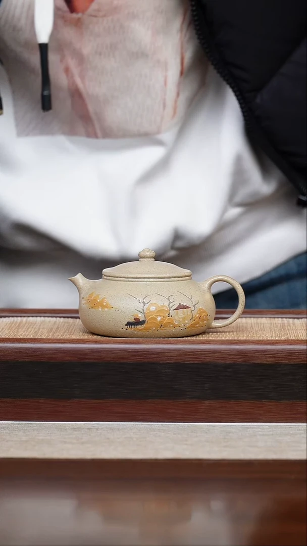 段泥泥绘寒江200cc宜兴手工紫砂壶