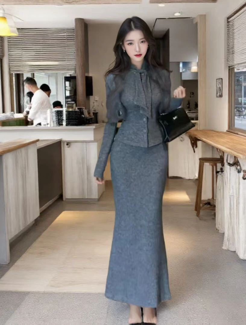 秋冬新款拼接绑带上衣包臀鱼尾长裙子两件套轻熟风气质套装女