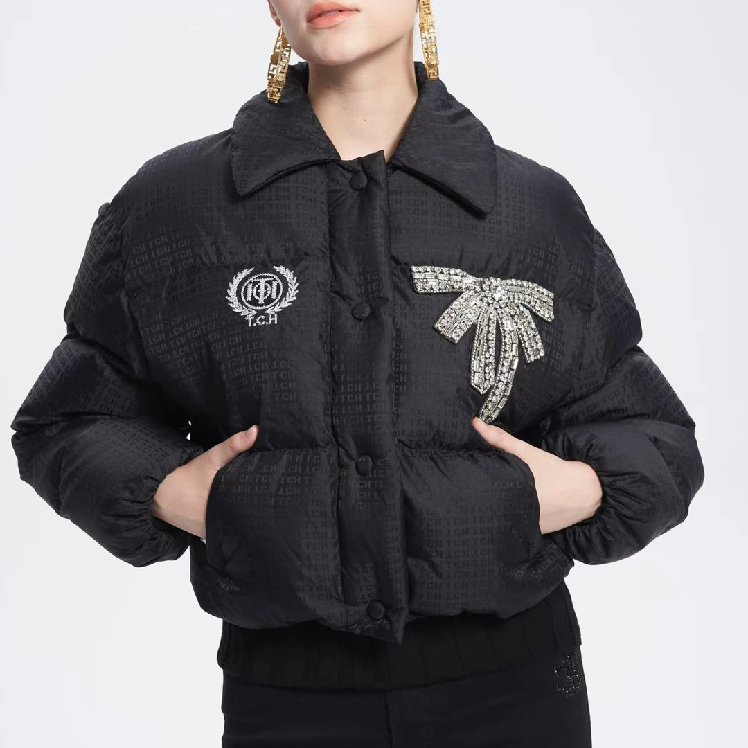 星星专享TCH潮牌时尚蝴蝶结烫钻短款羽绒服外套T72D198022