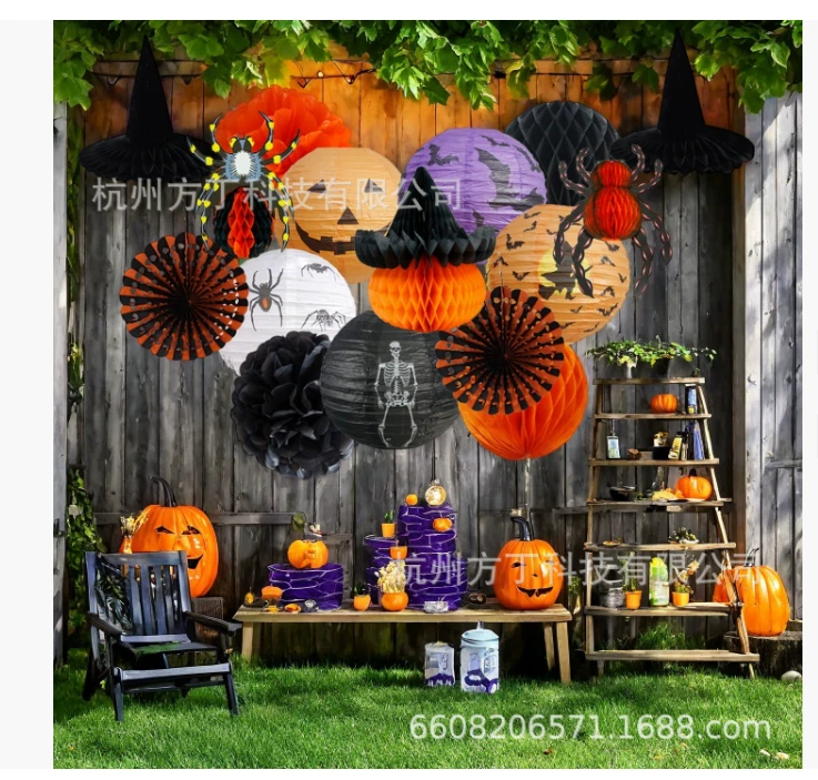 亚马逊万圣节纸扇花蜂窝球拉旗套装派对南瓜布置装饰氛围摆件