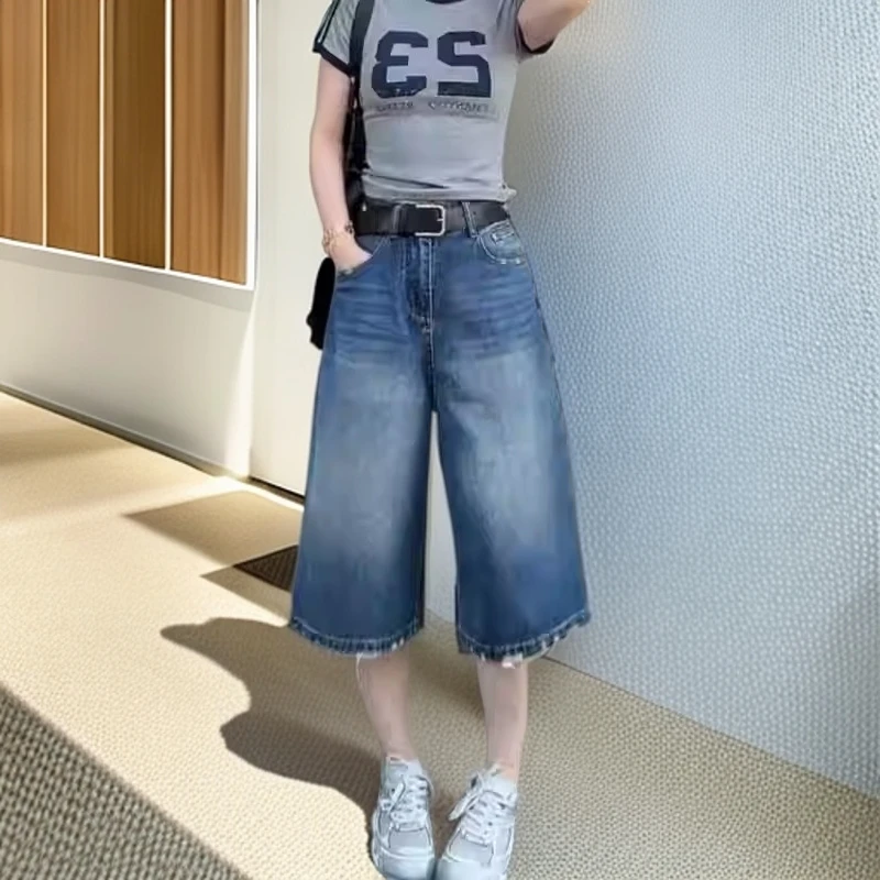 大码2025夏季薄款高腰蓝色直筒牛仔中裤女胖mm宽松显瘦七分阔腿裤