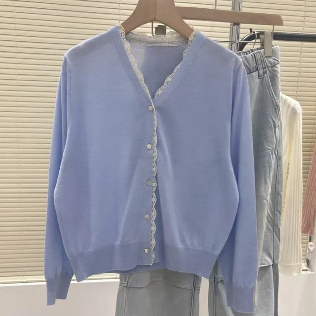 V领蕾丝花边针织开衫女毛衣111#