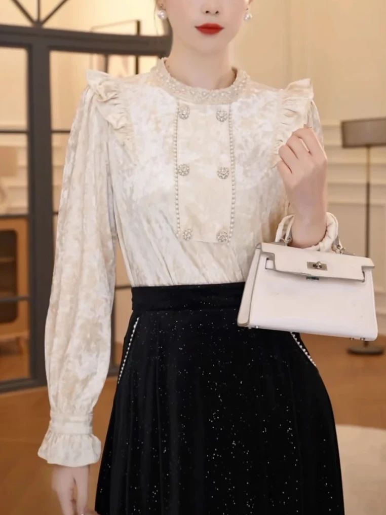 393小众钉珠长袖打底衫女秋冬高级感复古法式重工丝绒衬衫上衣