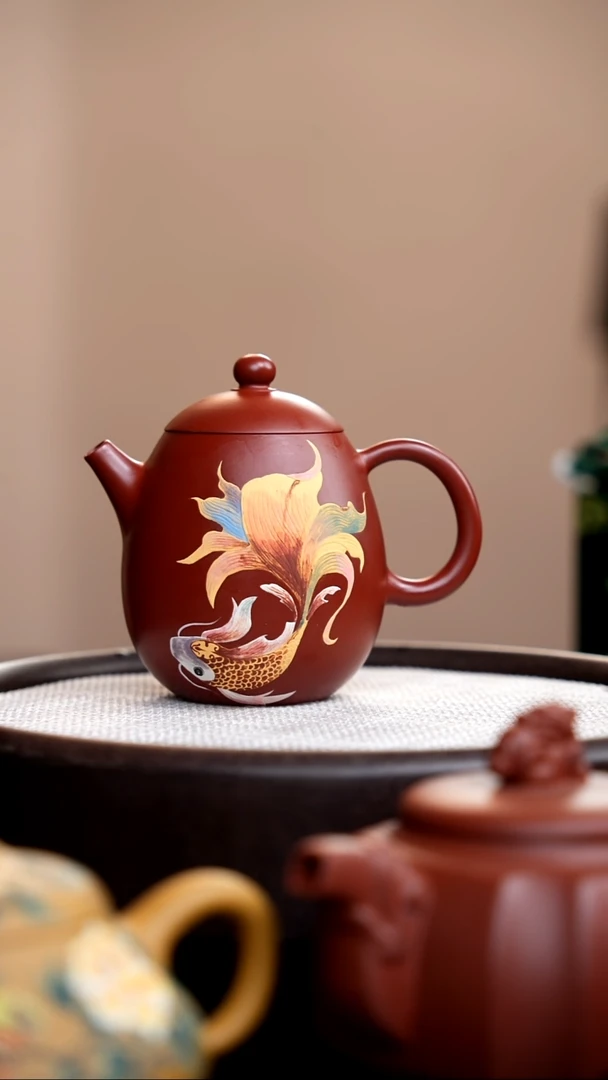 茶壶紫砂朱泥龙蛋泥绘金鱼010