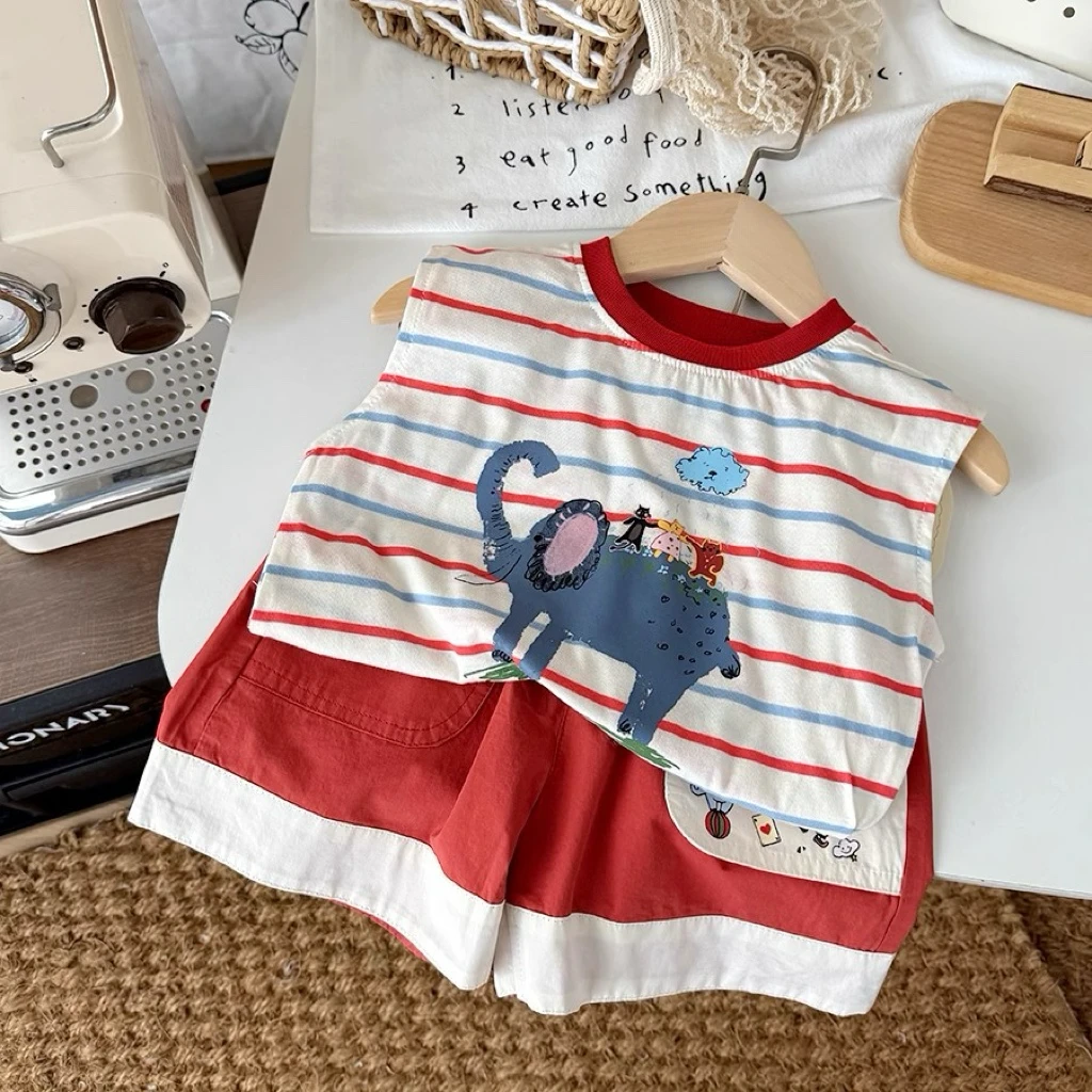 宝宝可爱童装背心T恤夏季薄款男童洋气无袖女童条纹印花上衣儿童