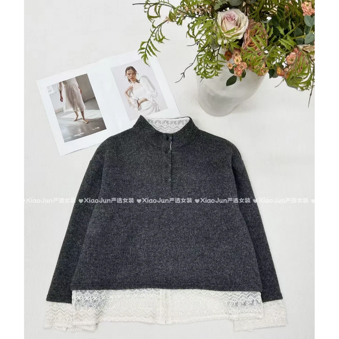 小君家~韩版半纽扣立领蕾丝拼接假两件卫衣女冬季宽松百搭上衣