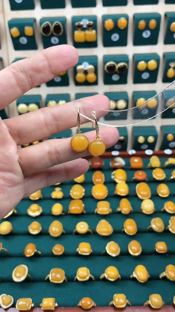 琥珀银S925镀金镶嵌耳饰精品耳钩