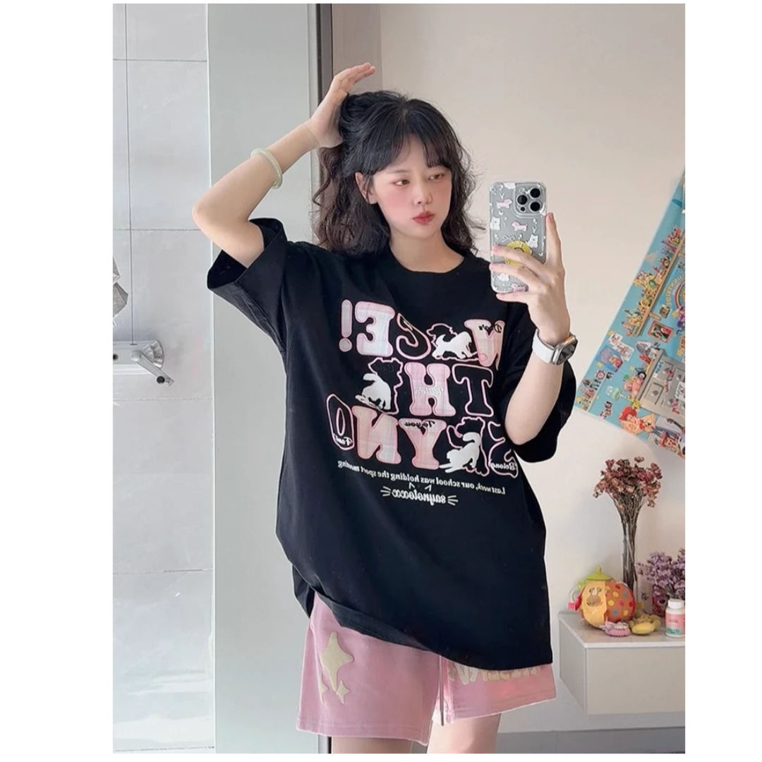 Deschpe美式复古字母设计感短袖T恤男女夏装宽松休闲半袖上衣潮