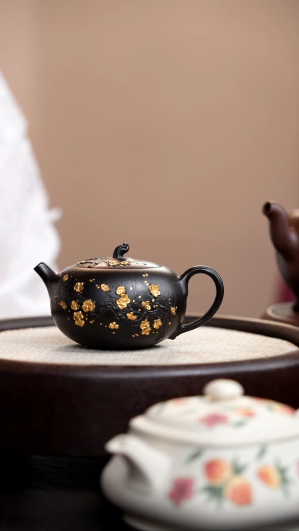 茶壶紫砂捂灰朱泥描金梅花苹果壶