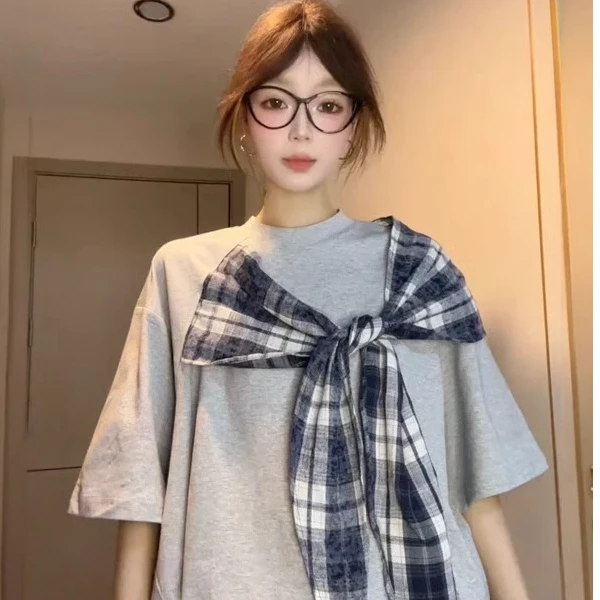 美式国潮牌格子蝴蝶结纯棉短袖T恤女夏季2025新款小众设计感上衣