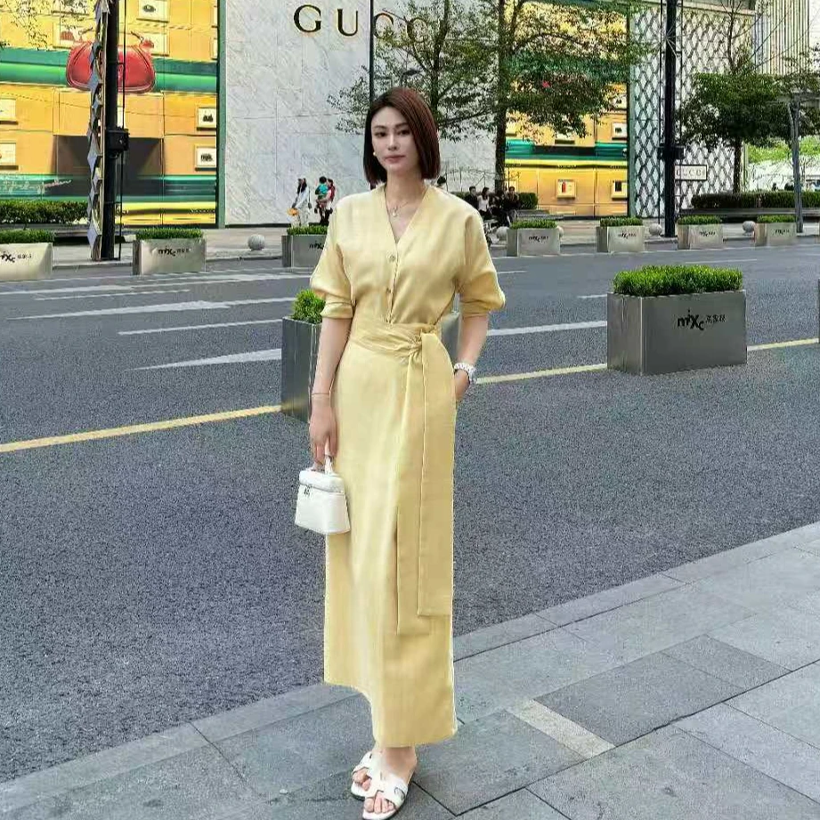 重磅亚麻天丝~御姐风春夏新款收腰显瘦气质长裙两件套(B6-6）25637