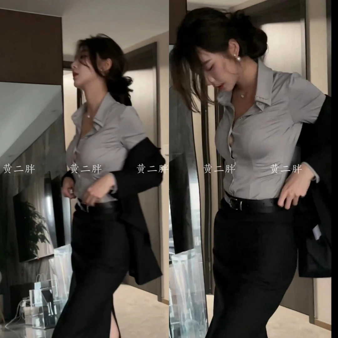 2025春季新款气质收腰长袖衬衫上衣+高腰开叉辣妹包臀裙半身短裙