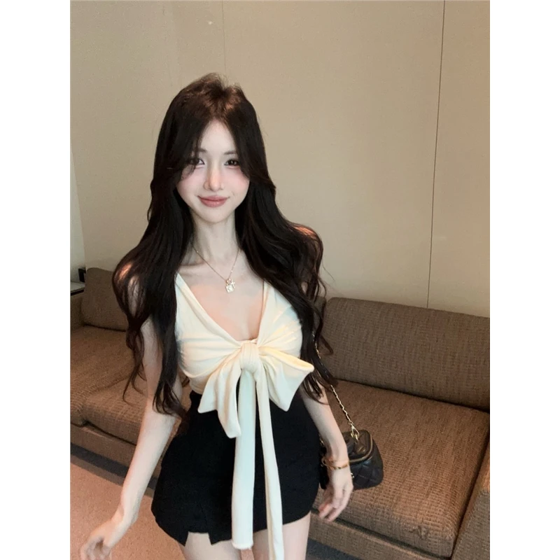 小香风蝴蝶结针织吊带背心女夏季纯欲辣妹v领抹胸上衣巨好看绝美