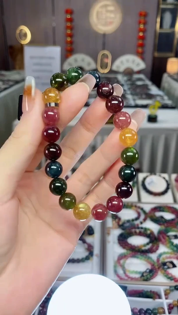 老矿彩虹碧玺色标单圈手串9mm+未镶嵌碧玺dan多样性发货一条