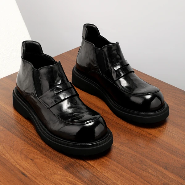 切尔西靴男真皮软皮厚底加绒保暖手抓纹胎牛皮大头皮靴男靴子冬季