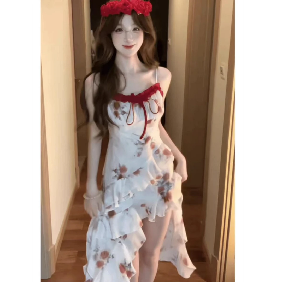 大码法式系带碎花吊带连衣裙女夏不规则下摆蕾丝花边显瘦裙10822