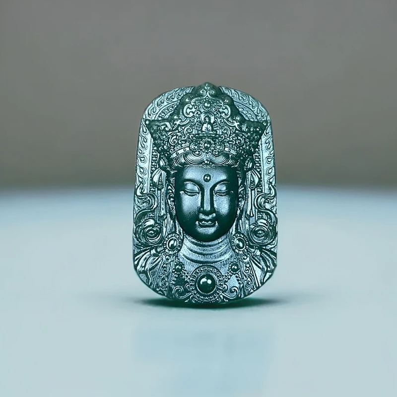 天然和田玉青玉度母观音吊坠双面雕刻颈饰护身符玉坠送长辈送男友