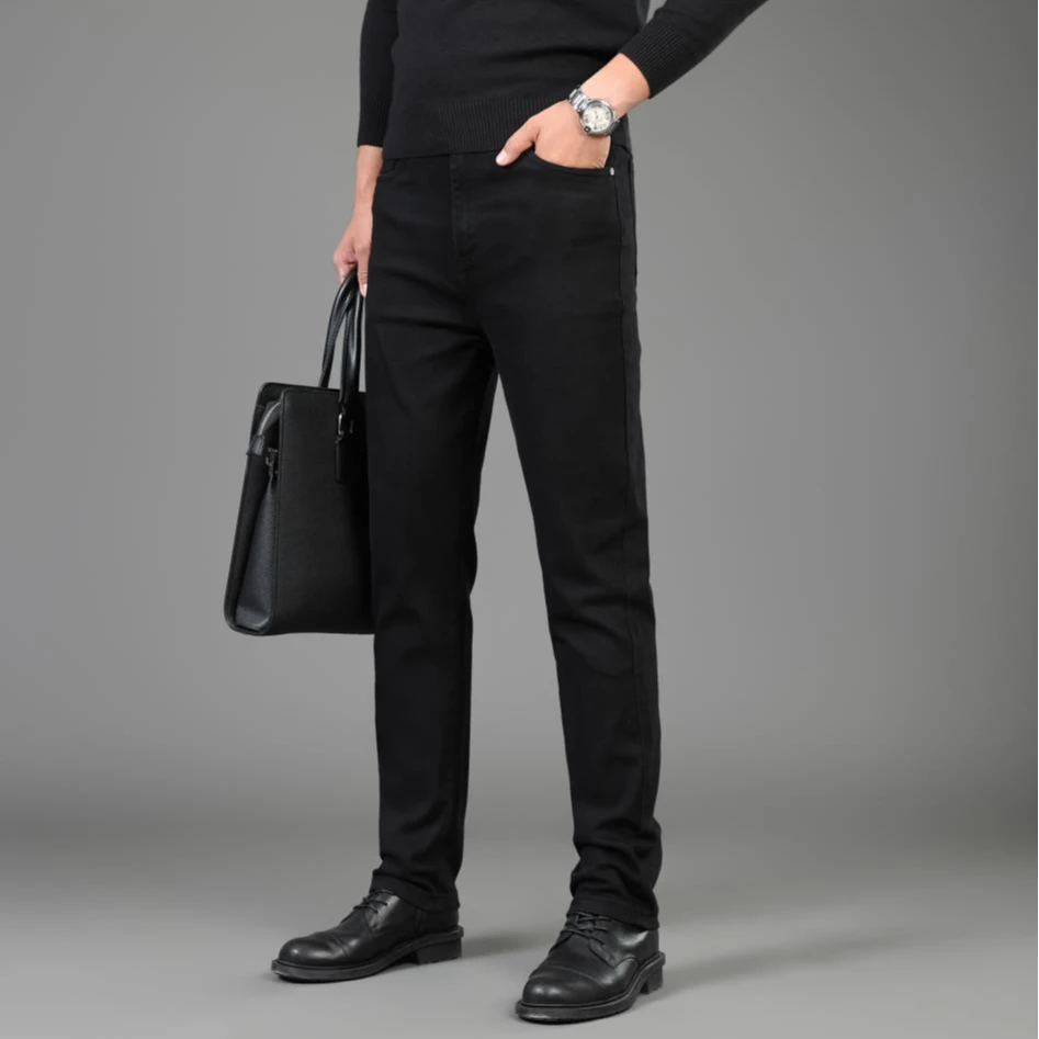 秋冬季男士纯黑商务直筒男士休闲牛仔裤高腰宽松修身男裤小黑牛