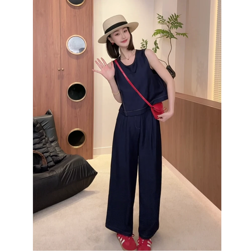 春夏新款无袖牛仔背心马甲+裤子套装女轻奢气质显瘦两件套BN25181