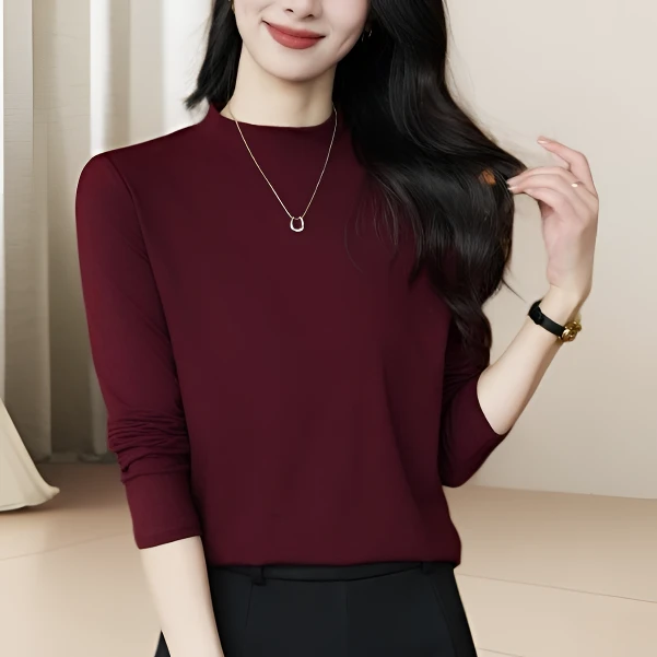 长袖百搭半高领打底衫遮肉显瘦不臃肿秋冬双面磨毛T恤上衣女纯色