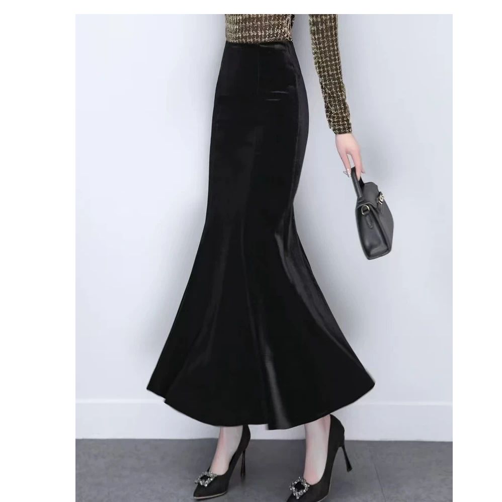 长裙纯色鱼尾裙X型不起球半身裙名媛长袖长款秋冬裙子修身