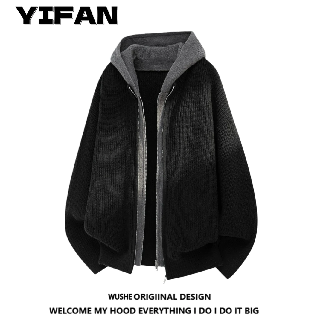 潮牌双拉链针织开衫男秋季美式青少年运动毛衣高街慵懒风情侣外套