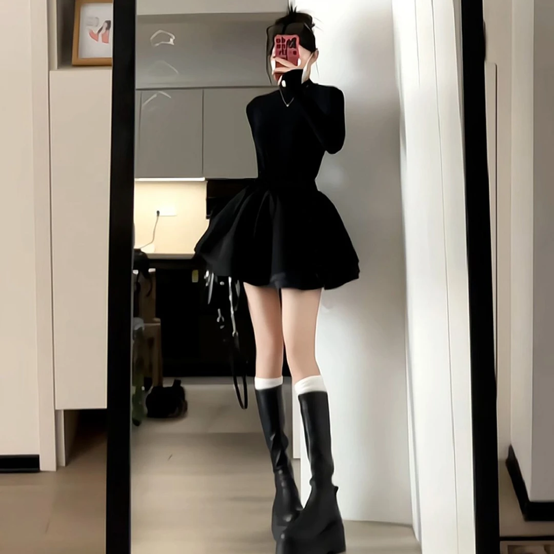 芭比姨新年战袍千金小黑裙女早春新款生日蓬蓬裙过年年会穿搭