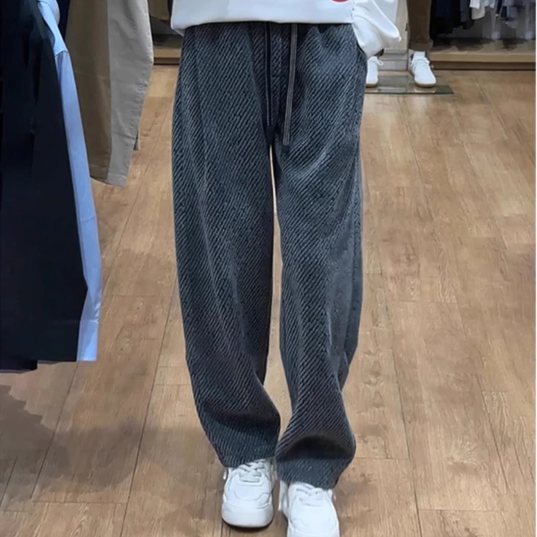 斜条纹男士加绒休闲裤宽松慵懒风雪尼尔弯刀阔腿卫裤秋冬灰色裤子
