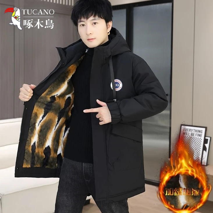 啄木鸟派克服男冬季外套加绒加厚中长款防风衣潮流冬装保暖棉服男