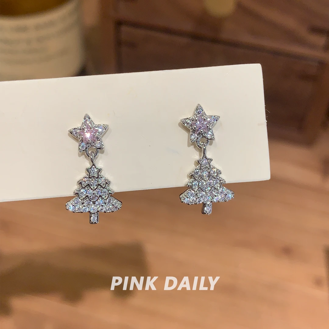 钛钢锆石耳饰 Pink Daily超闪满钻圣诞树吊坠星星耳钉精致气质
