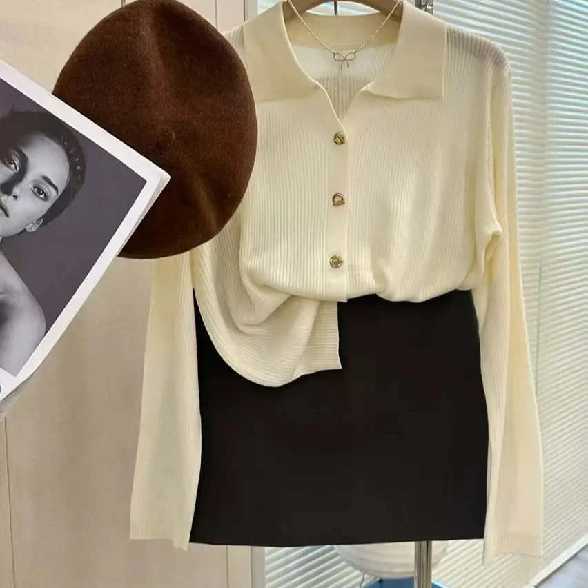 秋冬新款翻领针织开衫女长袖显瘦百搭毛衣外套