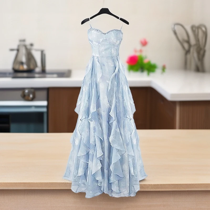 茶歇法式蓝色吊带连衣裙女夏季新款海边度假沙滩长裙日落仙女裙子