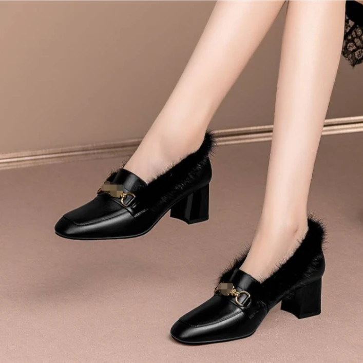 粗跟秋季时尚春秋单鞋百搭高跟方头中跟春季乐福鞋豆豆鞋hy2441