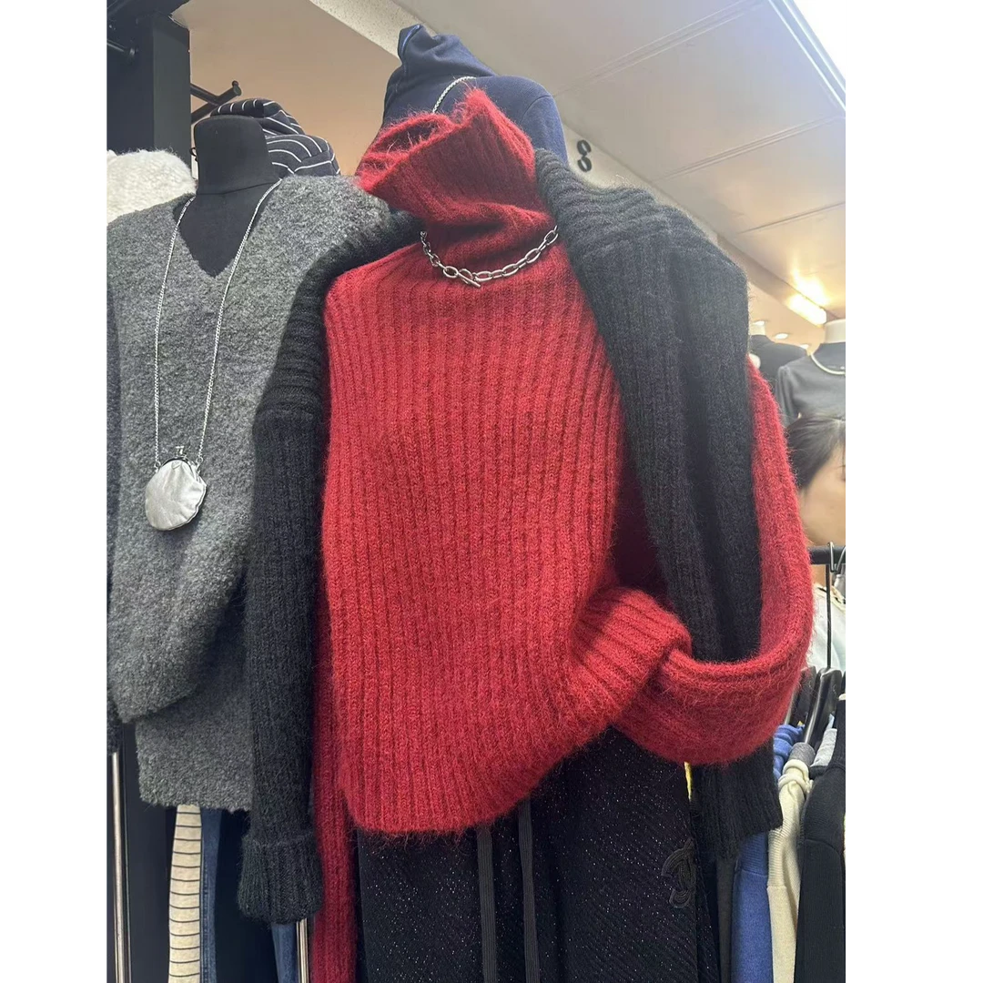 坑条慵懒高领针织毛衣女2024冬季过年红法式简约洋气休闲百搭上衣