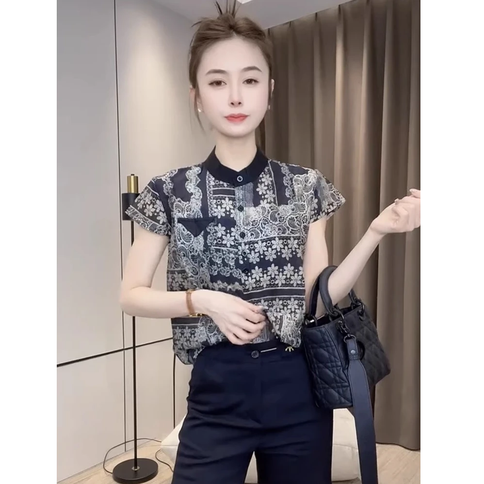 欧货复古圆领单排扣短袖衬衫女2025夏季新款宽松显瘦百搭洋气上衣