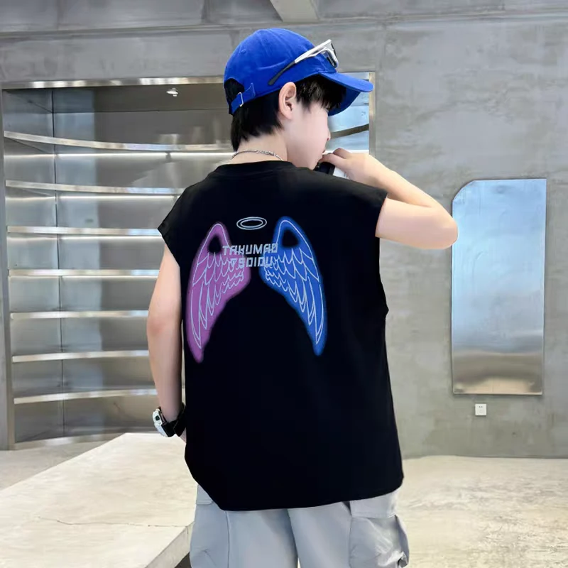 夏季男童莫代尔超薄透气可爱卡通翅膀图案印花无袖T恤宝宝背心