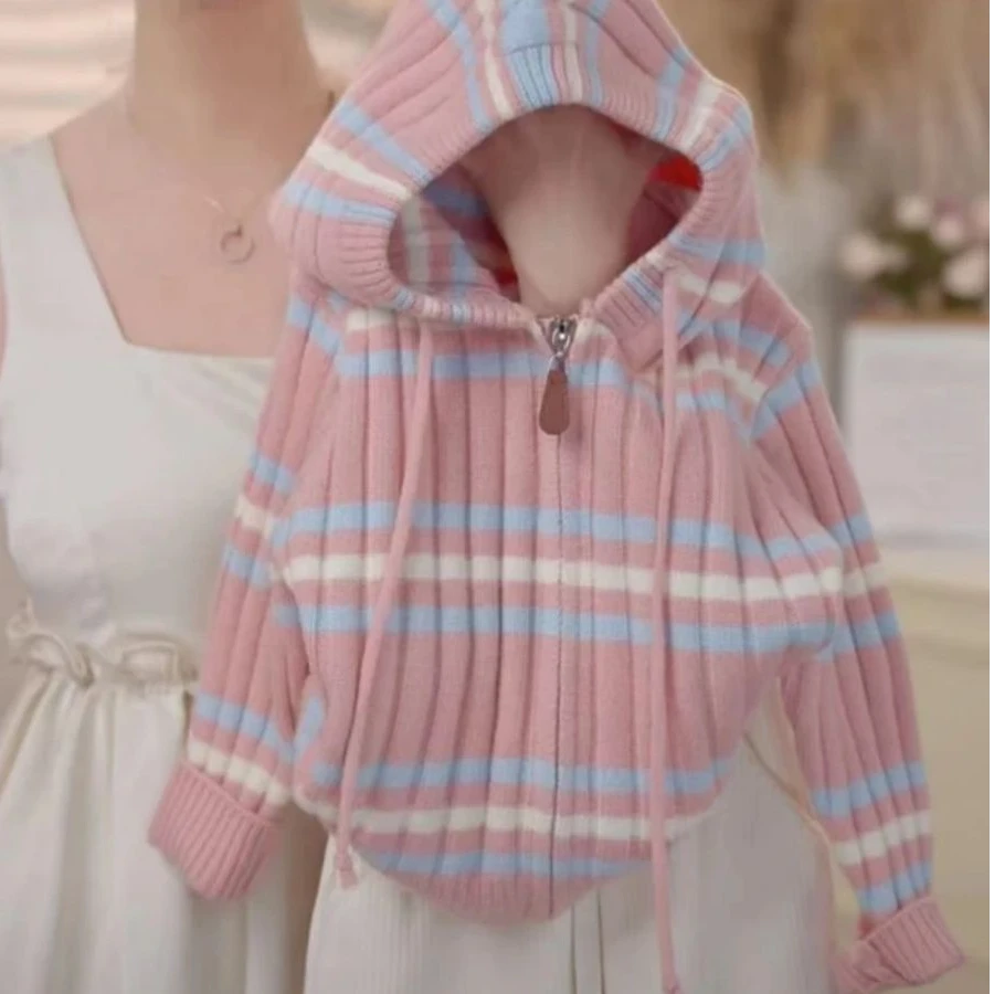 女童2025春秋新款时尚休闲连帽长袖针织衫简约洋气中大童开衫毛衣