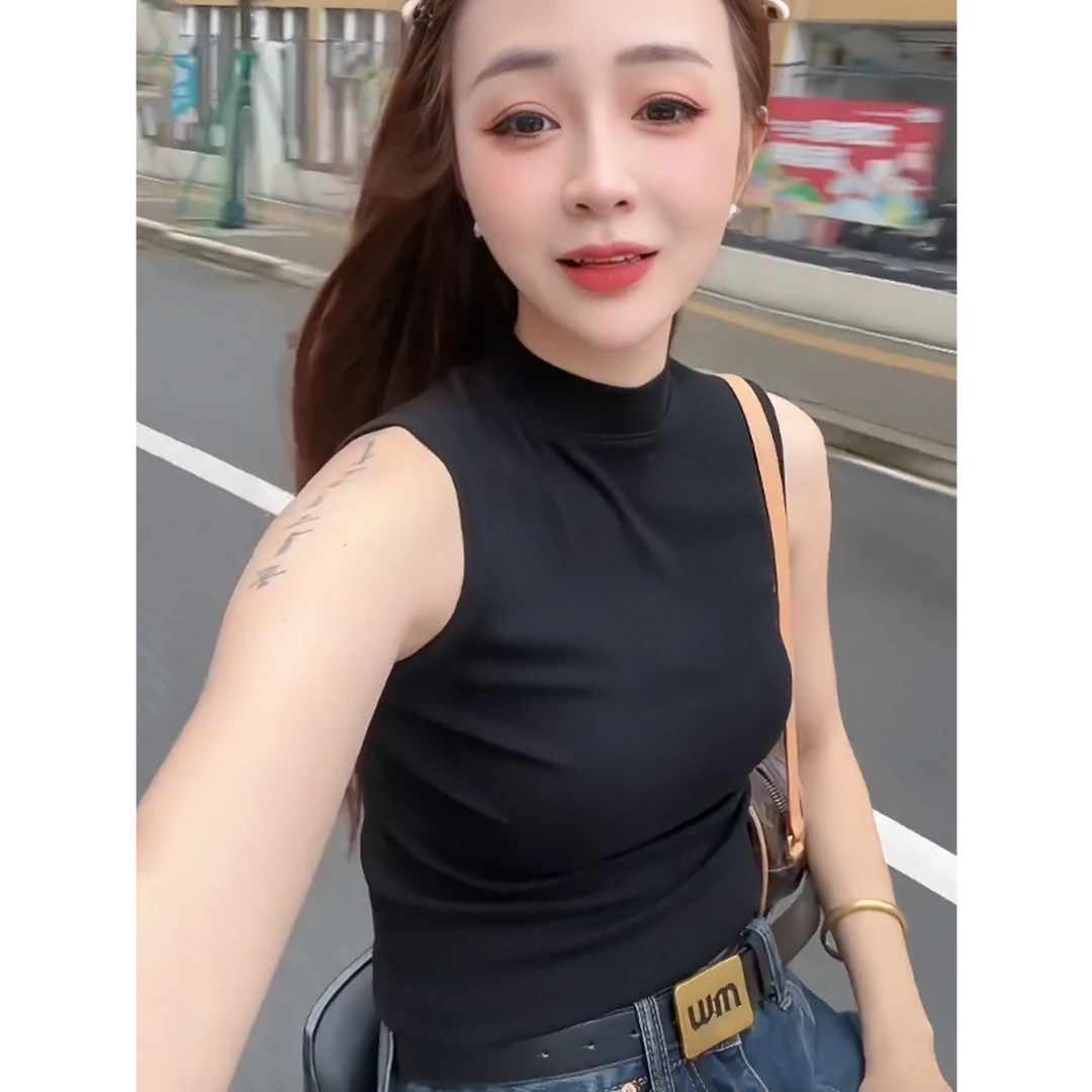 黑色半高领吊带背心女2025新款夏季外穿辣妹修身显瘦无袖t恤上衣
