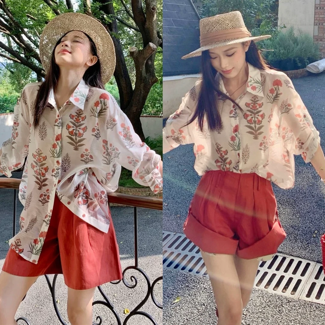 2025夏季小众时髦微透设计宽松露背衬衫翻边两穿短裤套装女A1503