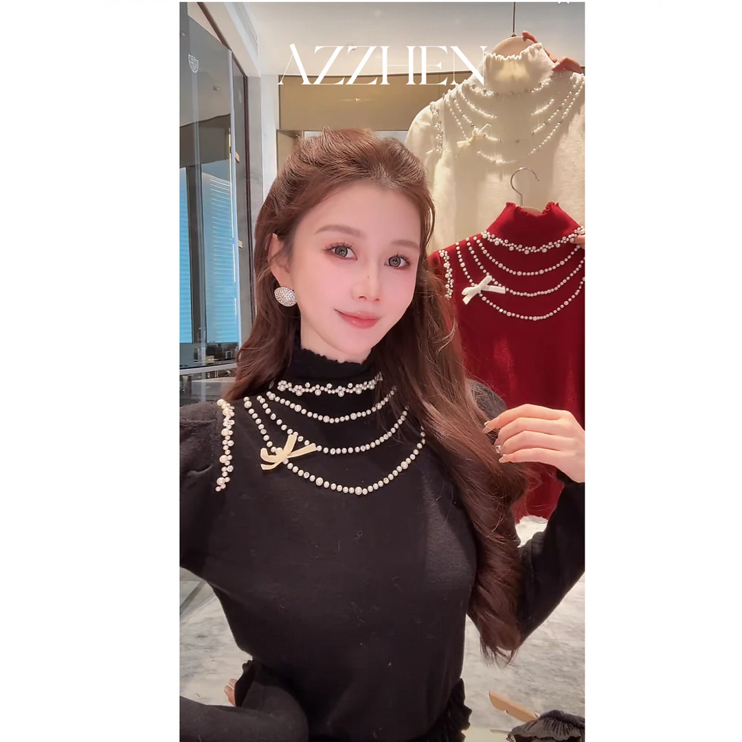 AZZHEN【月下明珠】半高领钉珠蝴蝶结打底衫秋冬修身显瘦上衣